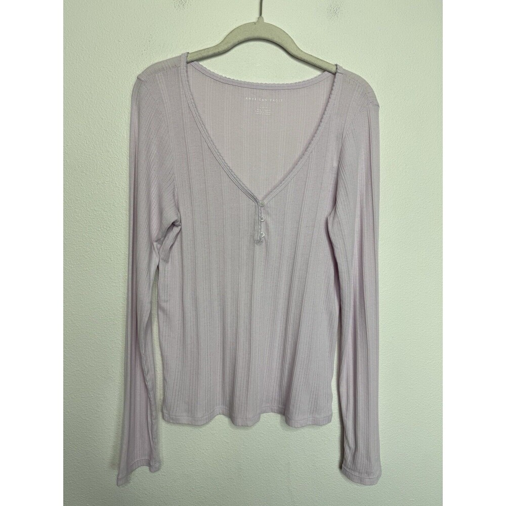American Eagle Sz L Pink Long Sleeve Henley Tee V-Neck Cotton Blend Stretch NWT